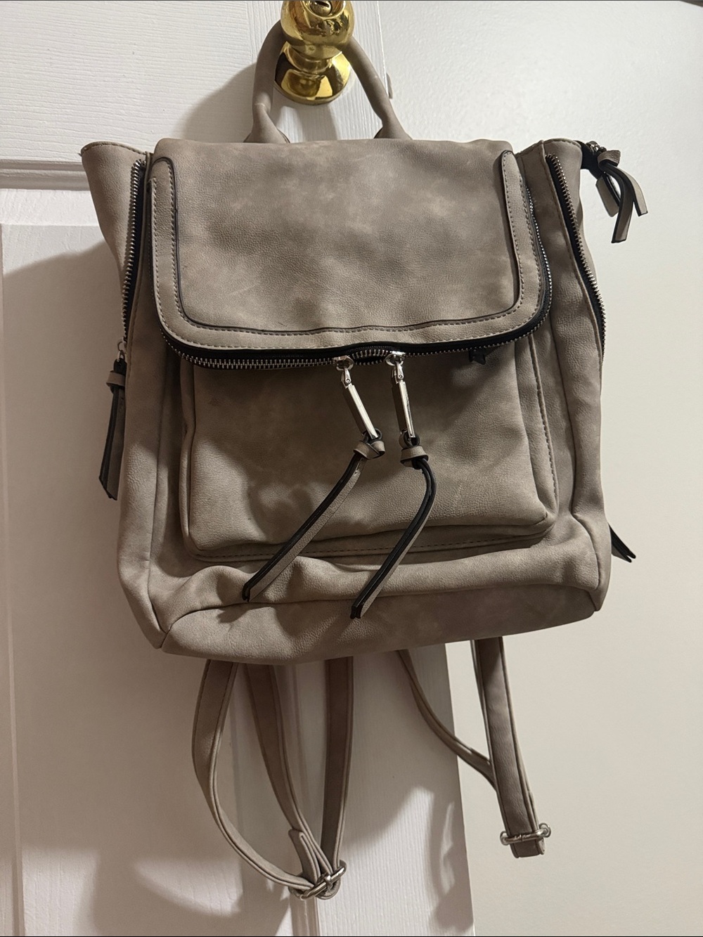 Women’s Taupe Faux-Leather Backpack with Front Pocket